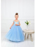 Cap Sleeves Blue Lace Tulle Floor Length Flower Girl Dress